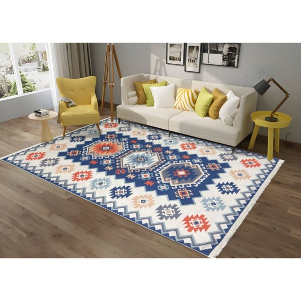 Covor Traditional Antiderapant, 80x150cm, Albastru-Crem-Portocaliu, CAM-024