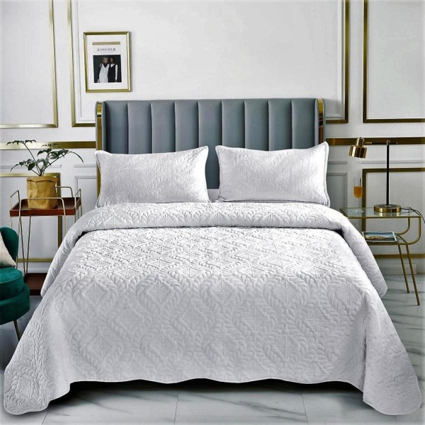 Set Cuvertura de Pat din Catifea, 3 Piese, Pat 2 Persoane, Alb, CCV-127