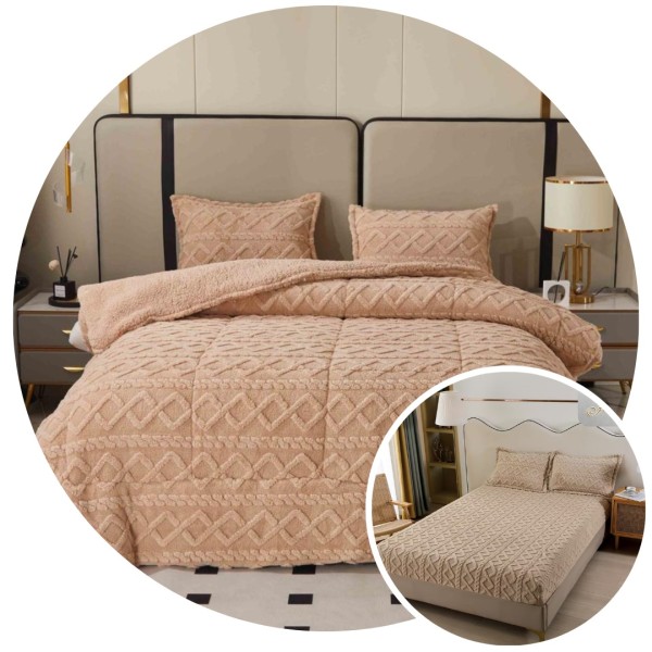 Pachet Promo: Pilota Pufoasa CoCoLiNo, Plus, Husa de Pat cu Elastic, 6 piese, model Tricotat, Bej, PH-006