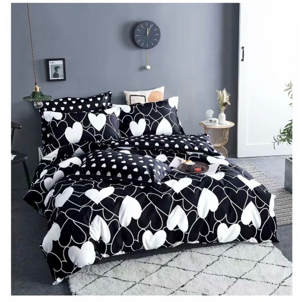 Lenjerie pat dublu, 4 piese, Bumbac Satinat Superior, Alb-Negru, inimi, OLBS-025