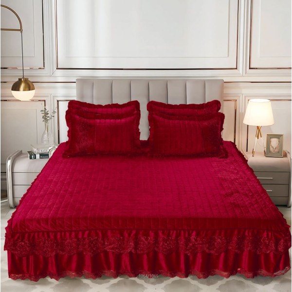 Cuvertura de Pat din Catifea + 2 Fete de Perna - Pat 2 Persoane, Bordo, CCB-015