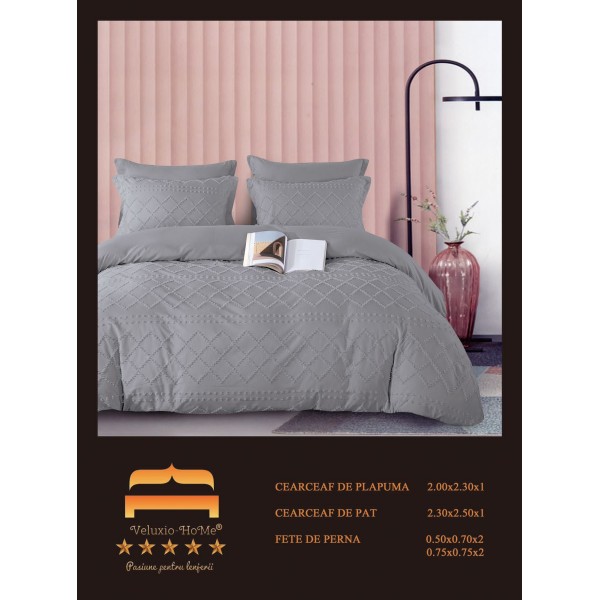 Lenjerie pat dublu, Finet Deluxe cu Smocuri Brodate, 6 piese, Gri, LSB-023