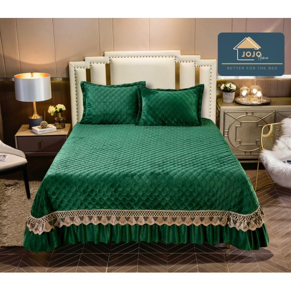 Cuvertura pat dublu, 3 piese, Catifea Matlasata cu Broderie Aurie, 250x270cm, Verde, CCB-021