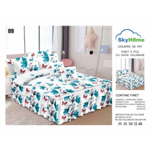 Lenjerie pat dublu, BUMBAC FINET, 6 piese, cu VOLANASE, Alb-Turquoise, fluturi, flori, LDV-010