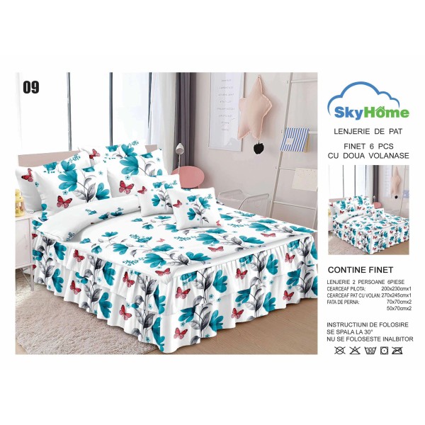 Lenjerie pat dublu, BUMBAC FINET, 6 piese, cu VOLANASE, Alb-Turquoise, fluturi, flori, LDV-010