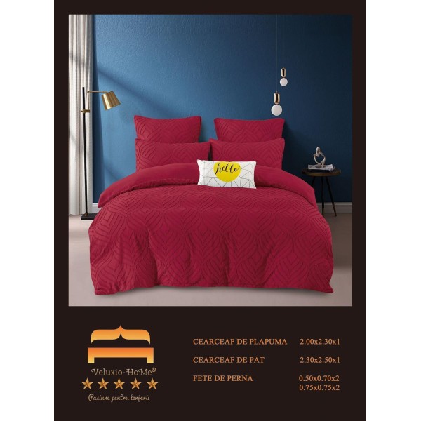 Lenjerie pat dublu, Finet Deluxe cu Smocuri Brodate, 6 piese, Bordo, LSB-026