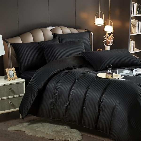 Lenjerie pat dublu, Damasc Finetat, 6 piese, Jojo, Negru, LDS-018