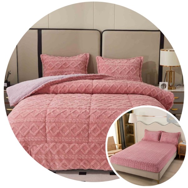 Pachet Promo: Pilota Pufoasa CoCoLiNo, Plus, Husa de Pat cu Elastic, 6 piese, model Tricotat, Roz, PH-001