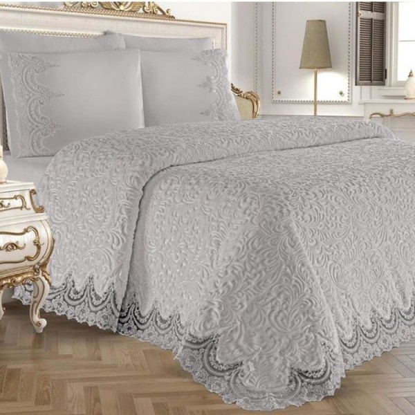 Set Cuvertură de lux Matlasată cu dantelă Elegantă, 6 piese, pat 2 persoane, Gri, CME-010 Set Cuvertură de lux Matlasată cu dantelă Elegantă, 6 piese, pat 2 persoane, Gri, CME-010
