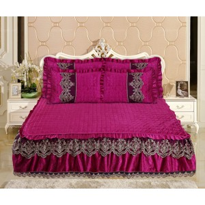 Cuvertura de Pat din Catifea + 2 Fete de Perna - Pat 2 Persoane, Fuchsia, CCB-030