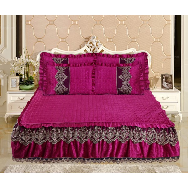 Cuvertura de Pat din Catifea + 2 Fete de Perna - Pat 2 Persoane, Fuchsia, CCB-030