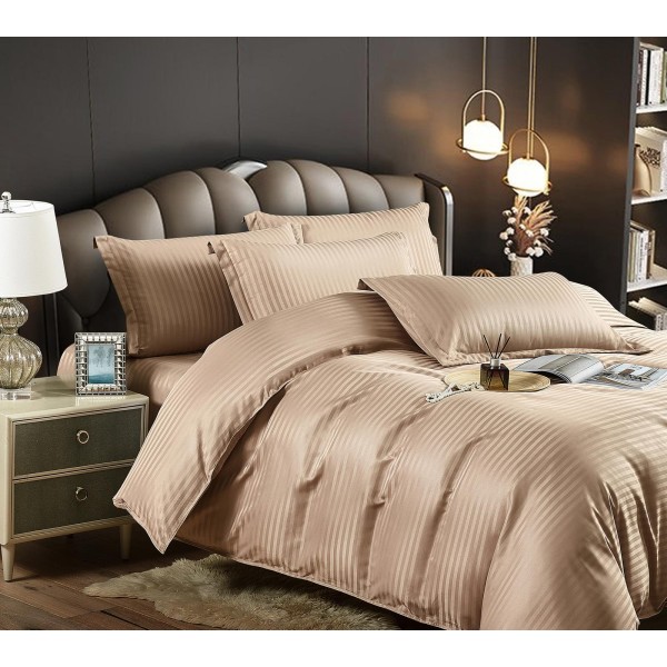 Lenjerie pat dublu, Damasc, 6 piese, Jojo, Bej-inchis, LDS-034