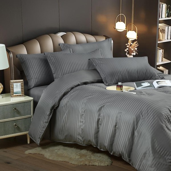 Lenjerie pat dublu, Damasc, 6 piese, Jojo, Gri inchis, LDS-022