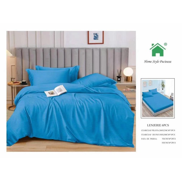 Lenjerie, pat dublu, cu ELASTIC, Damasc Finetat, 6 piese, Blue, LDS-053