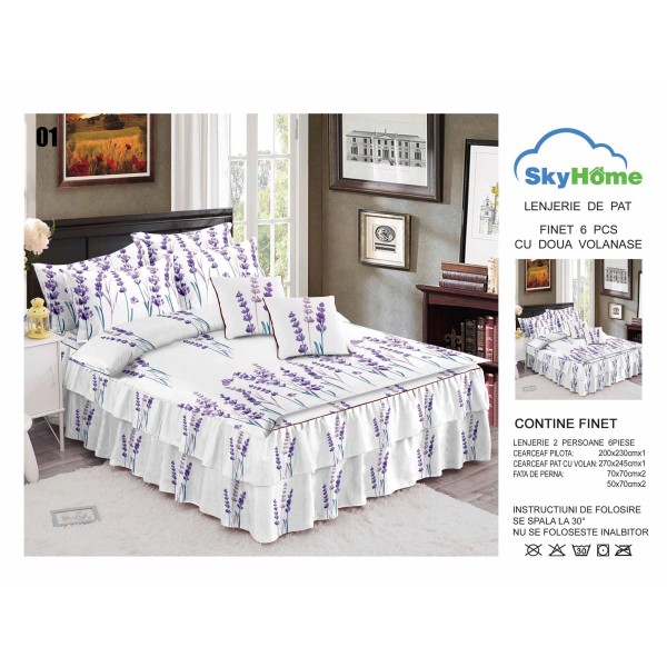 Lenjerie pat dublu, BUMBAC FINET, 6 piese, cu VOLANASE, Alb-Mov, flori, LDV-004