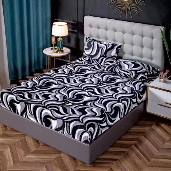 Cearșaf Cocolino cu Elastic 180x200 cm + 2 Fețe de Pernă – Model Abstract Modern, Alb-Negru, HC-010
