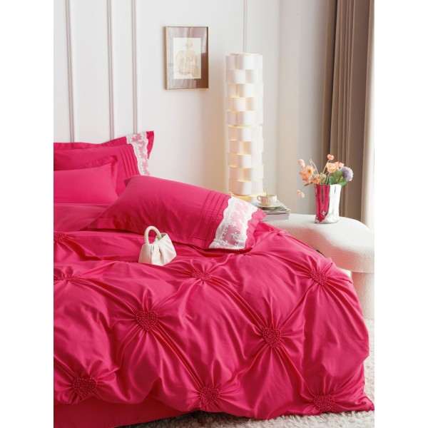Lenjerie pat dublu finet 6 piese cu pliuri, inimioare și broderie-roz intens, LIB-032