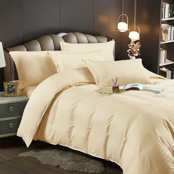 Lenjerie, pat dublu, cu ELASTIC, Damasc Finetat, 6 piese, Crem, LDS-056