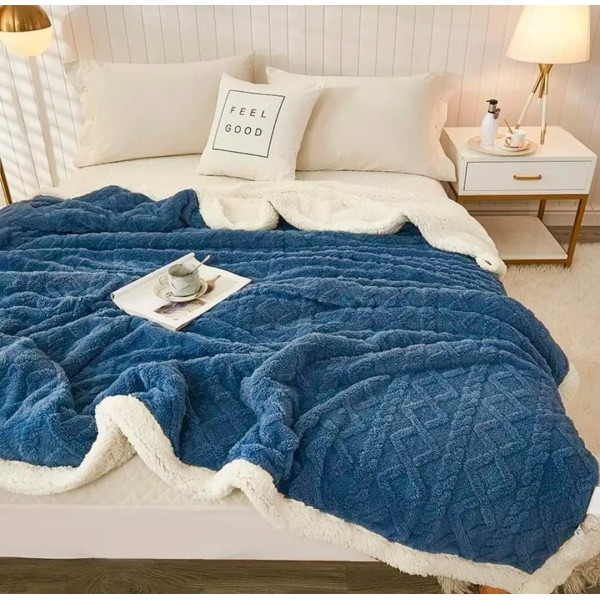 Patura Cocolino cu Blanita, Model Tricotat, Pat 2 Persoane, 200x230 cm, Albastru, PCT-002