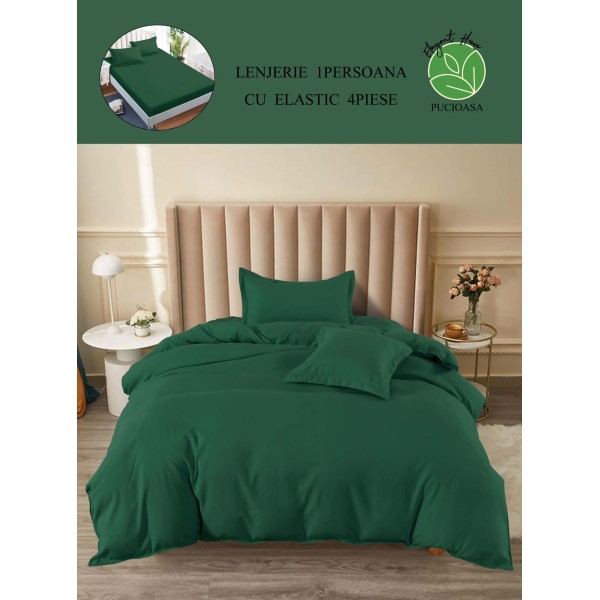 Lenjerie de Pat din Finet, 4 Piese, Pat 1 Persoana, cu ELASTIC, Verde Inchis, LFS-065