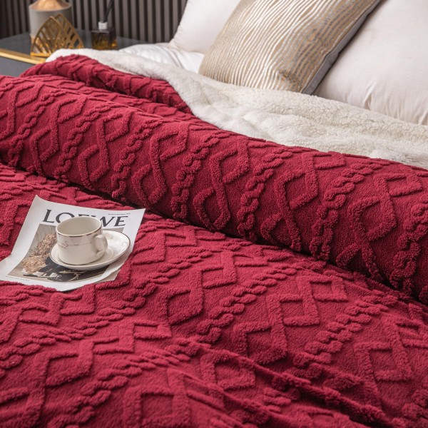 Patura Cocolino cu Blanita, Model Tricotat, Pat 2 Persoane, 200x230 cm, Bordo, PCT-003