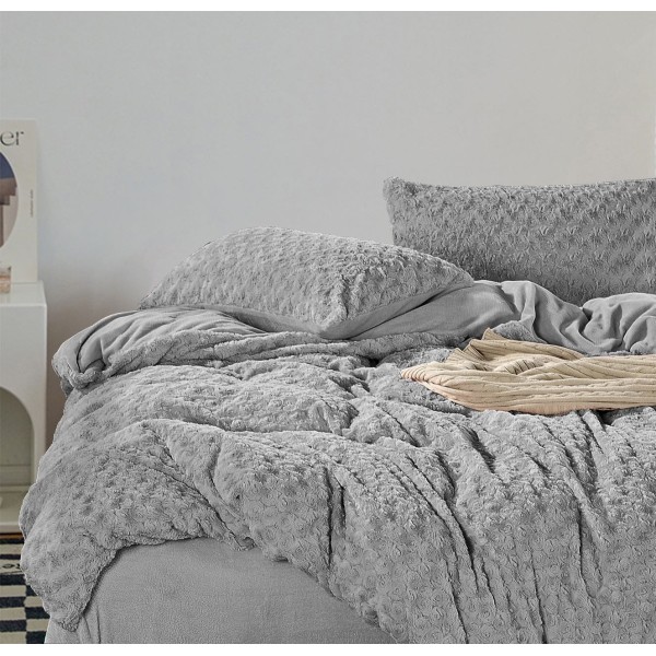 Lenjerie pat dublu, Super Pufoasa, din Blanita artificiala de Iepure, 4 piese, Gri, LCE-004