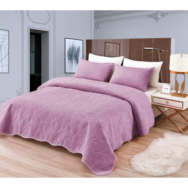 Set Cuvertura de Pat din Catifea, 3 Piese, Pat 2 Persoane, Violet, CCV-090