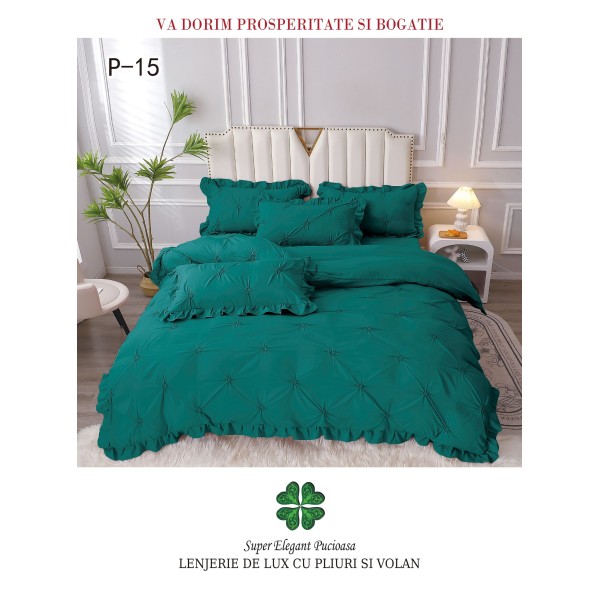Lenjerie de pat dublu finet 4 piese cu pliuri și volănașe–verde smarald, LDI-088