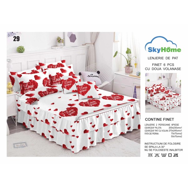 Lenjerie pat dublu, BUMBAC FINET, 6 piese, cu VOLANASE, Alb-Rosu, inimioare, LDV-005