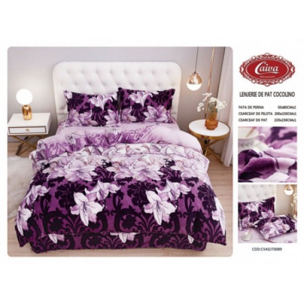 Lenjerie pat dublu, Super Pufoasa COCOLINO, 4 piese, Mov-Lila, flori, LDC-036
