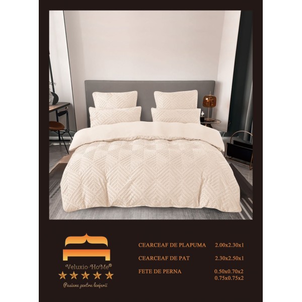 Lenjerie pat dublu, Finet Deluxe cu Smocuri Brodate, 6 piese, Bej, LSB-034