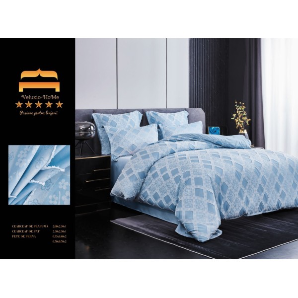 Lenjerie pat dublu, Finet Deluxe cu Smocuri Brodate, 6 piese, Bleu, LSB-033