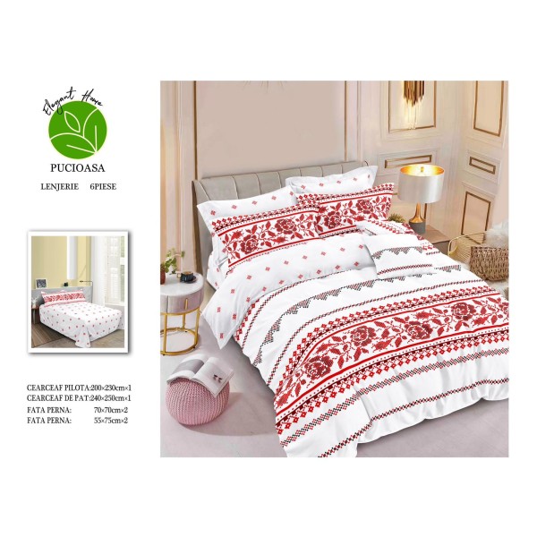 Lenjerie de pat din Finet, Jojo, 6 Piese, Pat 2 Persoane, Persoane, Alb-Rosu-Negru, model traditional, LDF-142
