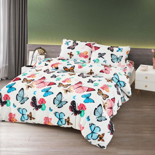 Lenjerie pat dublu, Super Pufoasa COCOLINO, 4 piese, Alb-Multicolor, fluturi, LDC-071