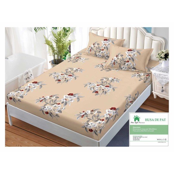 Husa pat cu elastic, Bumbac FINET, 180x200cm, 2 fete de perne 50x70cm, Bej, flori, HDF-031