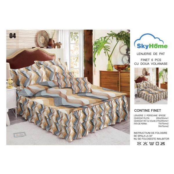 Lenjerie pat dublu, BUMBAC FINET, 6 piese, cu VOLANASE, Multicolor, valuri, LDV-007