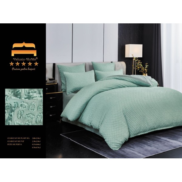Lenjerie pat dublu, Finet Deluxe cu Smocuri Brodate, 6 piese, Verde, LSB-025