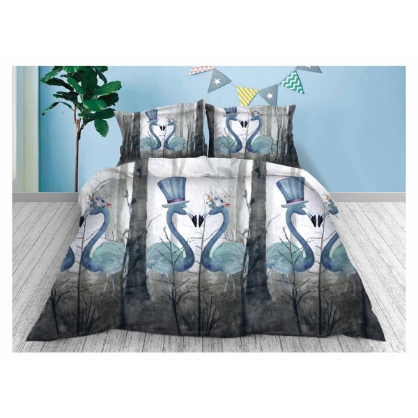 Set Lenjerie de Pat din Bumbac Satinat, 4 Piese, Pat 2 Persoane, Imprimeu 3D Identic cu Poza, Alb-Gri, pasari, LSD-015