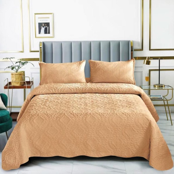 Set Cuvertura de Pat din Catifea, 3 Piese, Pat 2 Persoane, Maro-Bej, CCV-116