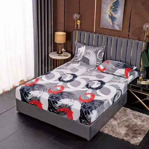 Cearșaf Cocolino cu Elastic 180x200 cm + 2 Fețe de Pernă – Model Cercuri Abstracte Gri cu Roșu, HC-028