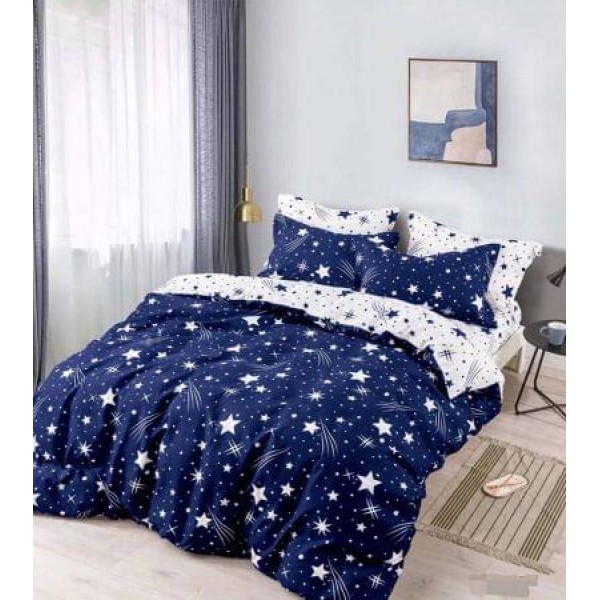 Set Lenjerie de Pat din Finet cu 2 Fete, 6 Piese, Pat 2 Persoane, Bleumarin - Alb, stelute, LDF-052