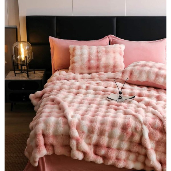 Lenjerie de pat, DeLuxe, cocolino tip blăniță iepure, 2 persoane, 6 piese, Roz-Alb, ombre, LCE-031 Lenjerie de pat, DeLuxe, cocolino tip blăniță iepure, 2 persoane, 6 piese, Roz-Alb, ombre, LCE-031