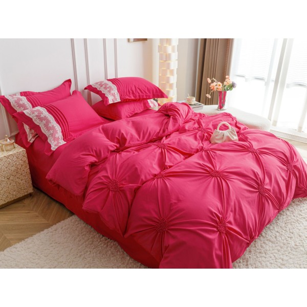 Lenjerie pat dublu finet 6 piese cu pliuri, inimioare și broderie-roz intens, LIB-032