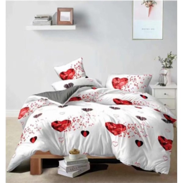 Lenjerie de Pat din Finet, 4 Piese, Pat 1 Persoana, Alb-Rosu, inimioare, LFS-022
