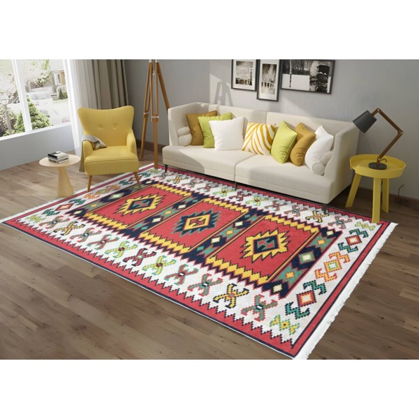 Covor Traditional Antiderapant, 80x150cm, Alb-Rosu-Galben, CAM-026