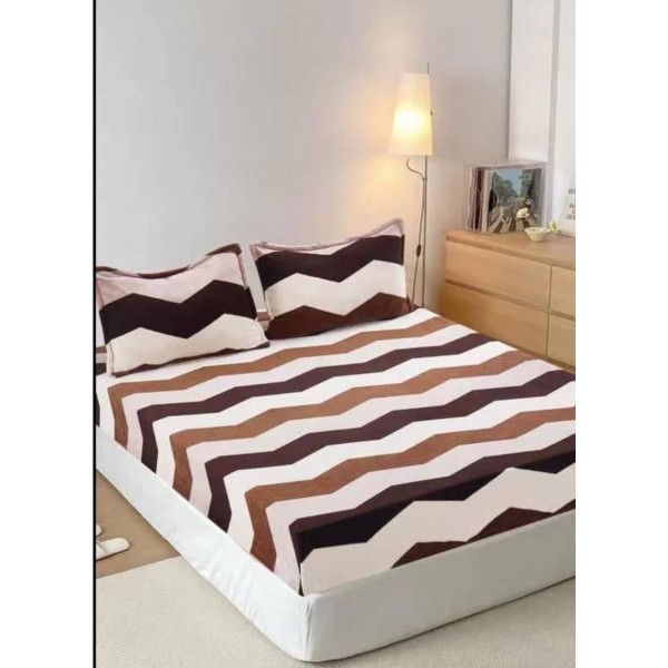 Cearsaf cu elastic COCOLINO, 180x200x25cm, plus 2 fete de perne, Maro-Crem, zig zag, HC-041