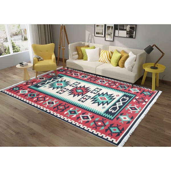 Covor Traditional Antiderapant, 80x150 cm, Rosu-Verde-Crem, CAM-028