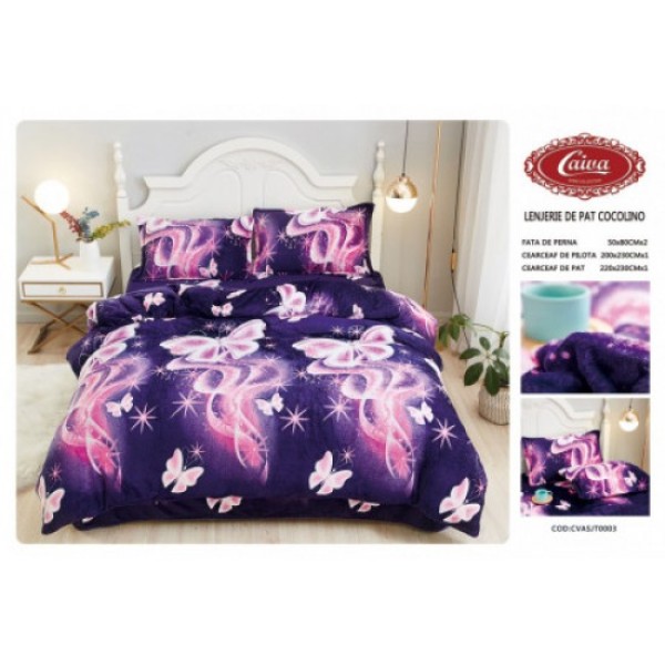 Lenjerie pat dublu, Super Pufoasa COCOLINO, 4 piese, Albastru-Mov, fluturi, LDC-012
