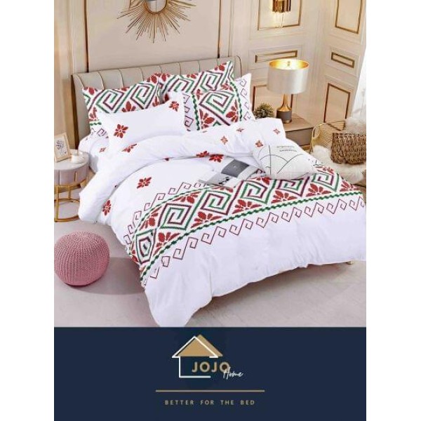 Lenjerie de pat din Finet, Jojo, 6 Piese, Pat 2 Persoane, Alb-Rosu-Verde, model traditional, LDF-139