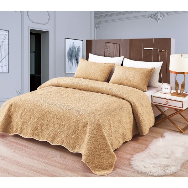 Set Cuvertura de Pat din Catifea, 3 Piese, Pat 2 Persoane, Mustar, CCV-057